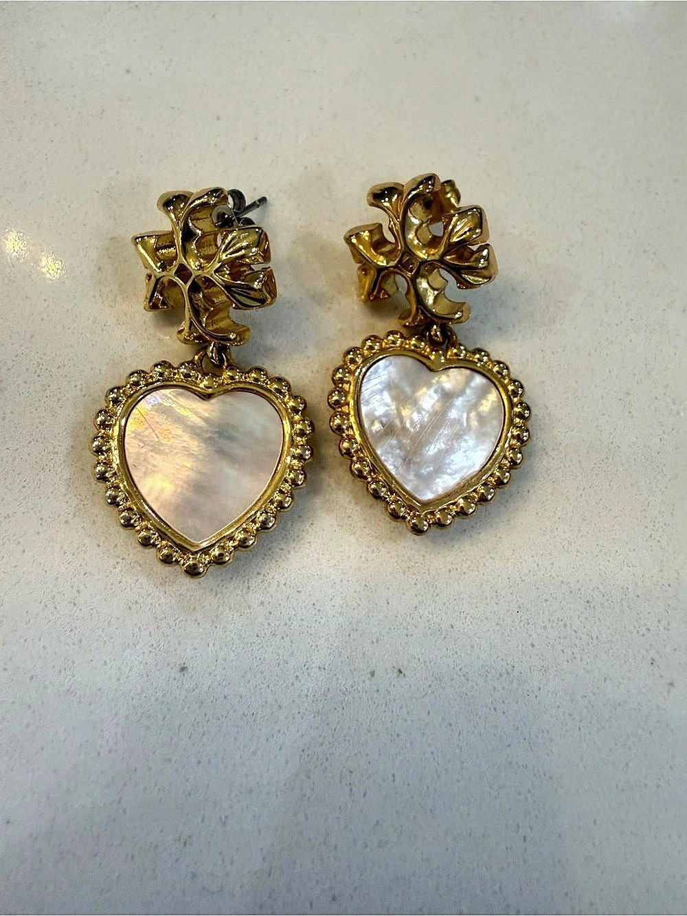 Tory Burch Roxanne Heart Drop Earrings Heart Mother-of-Pearl Earrings in Gold &